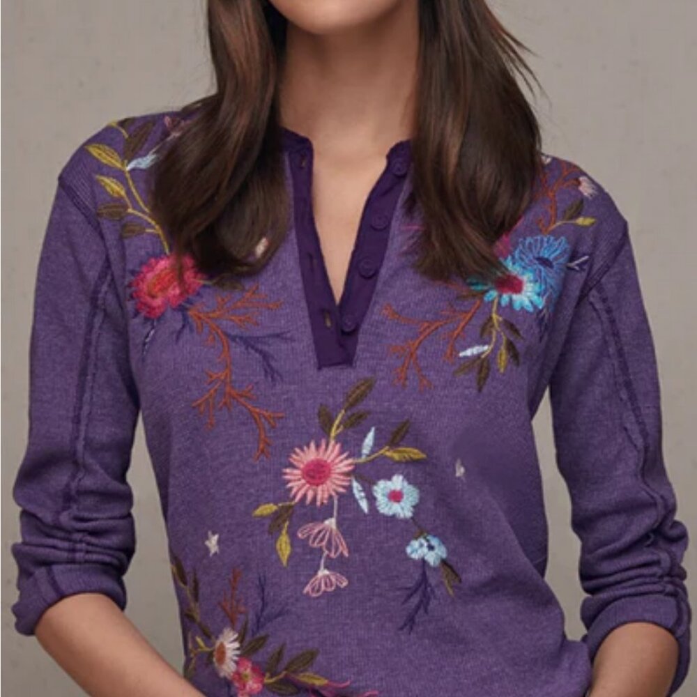 Johnny Was Ulla Raw Seam Henley Thermal Top in Purple XL